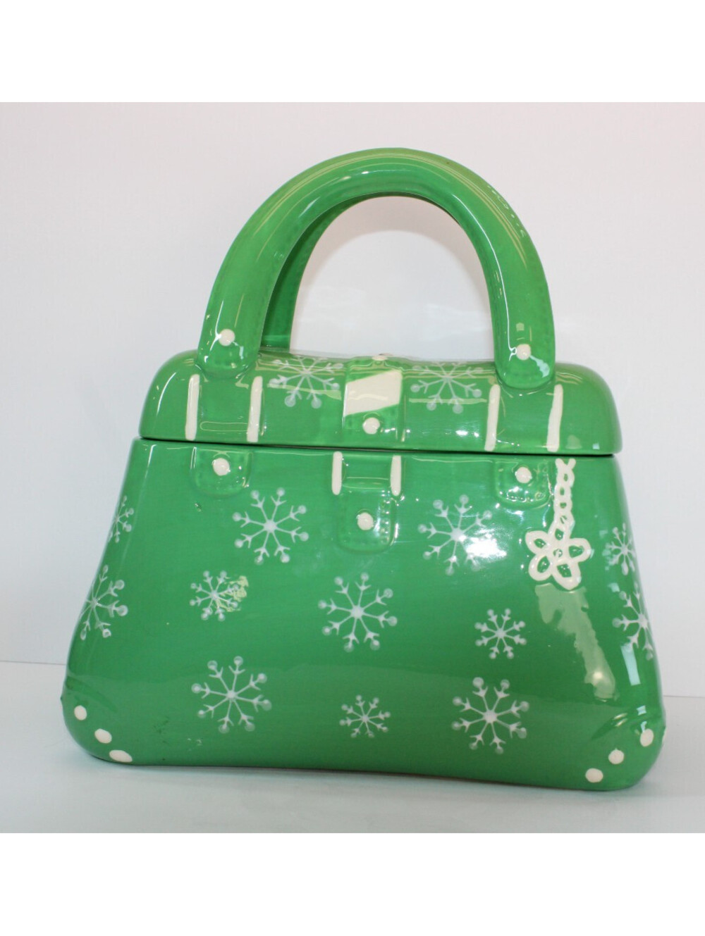 Temptations by Tara Holiday Snowflake Ceramic Green Purse Cookie Jar